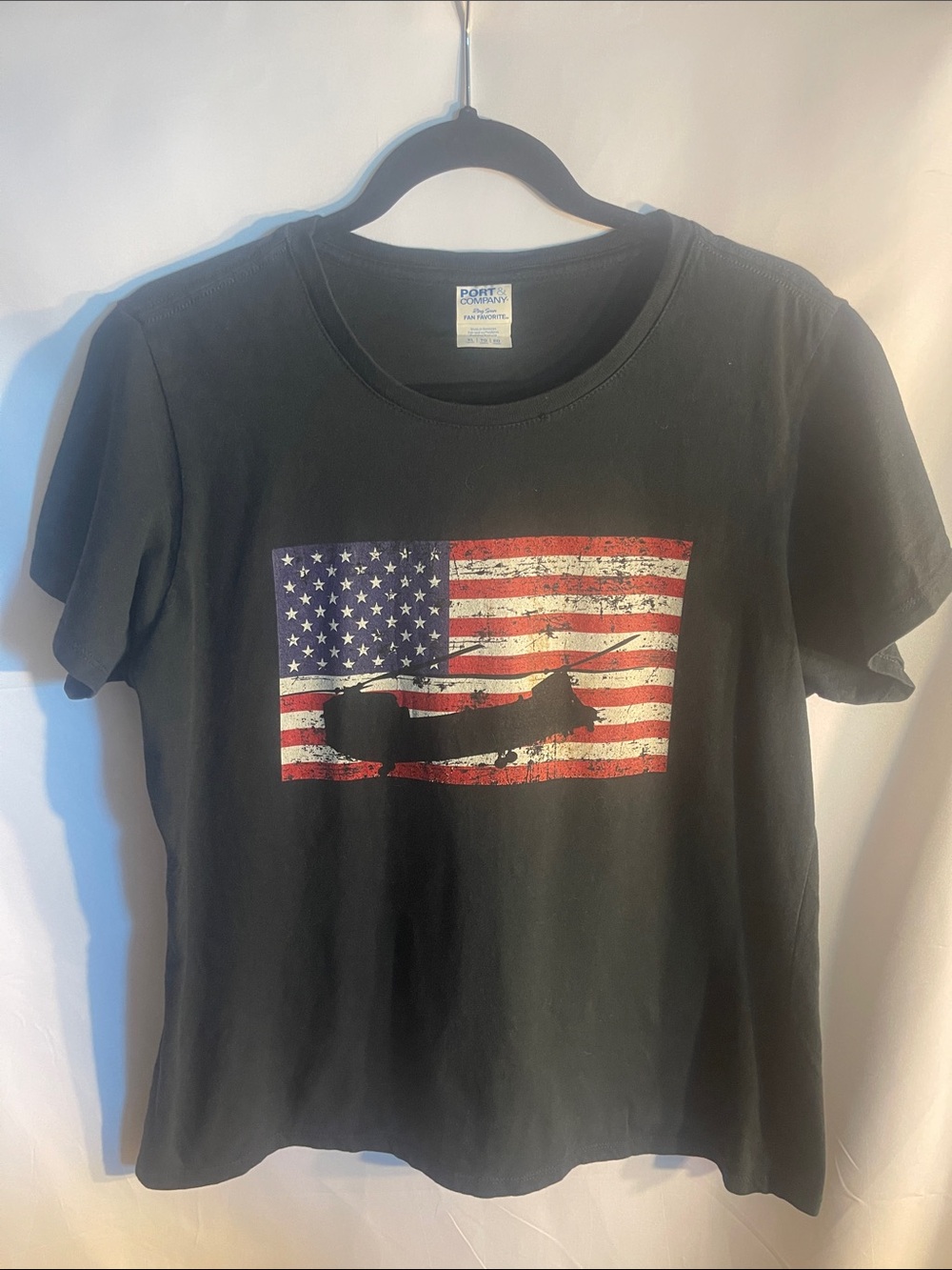 Black Women's Graphic Tee - American Flag helicopter